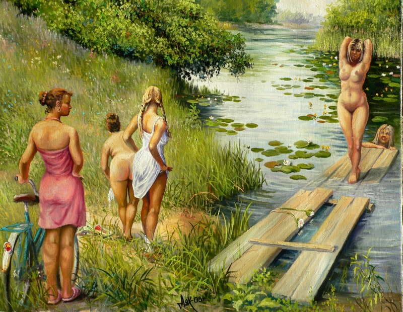 Schoolgirls bathe in the nude river