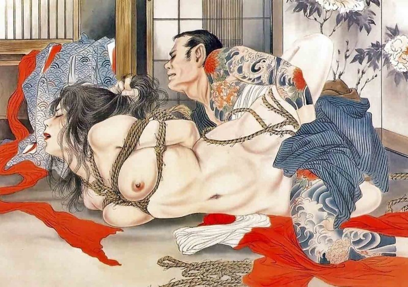 Japanese geishas with bare breasts