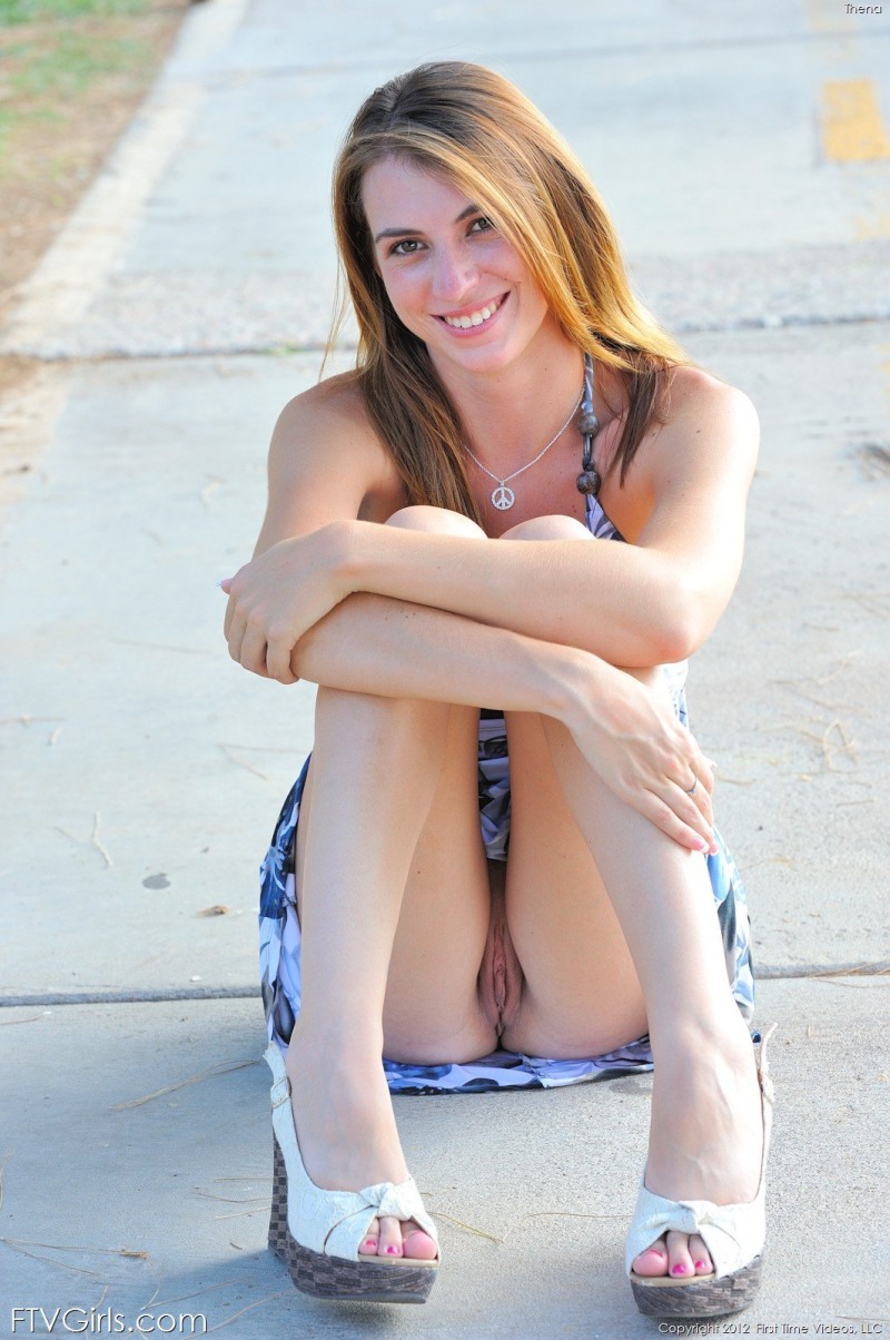 In a jeans skirt without panties