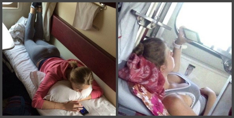 On a mobile phone on a train