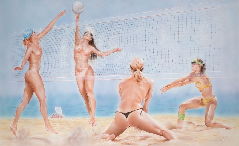 Beautiful volleyball players are naked