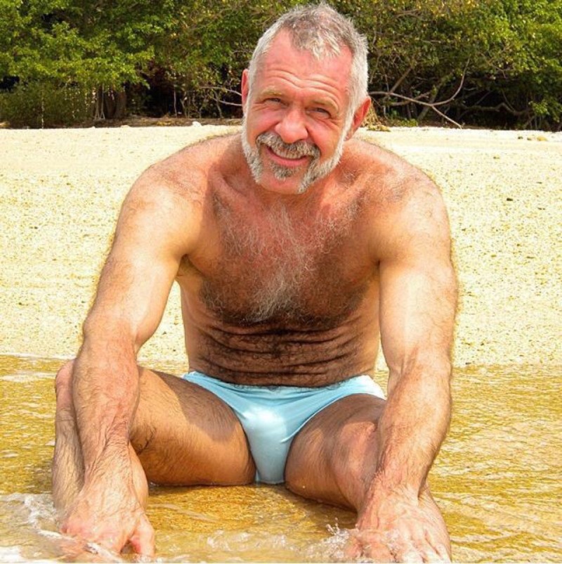 Elderly men in swimming trunks