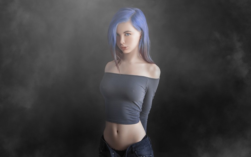 Girl with blue hair and big breasts