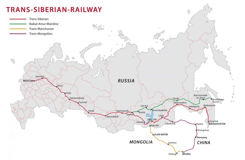 Trans -Siberian Railway on the map of Russia
