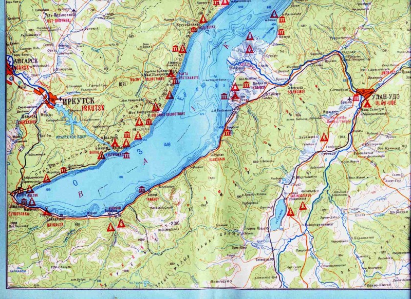 Map of Lake Baikal with settlements detailed