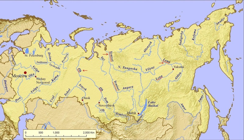 River Lena and Yenisei on the map of Russia