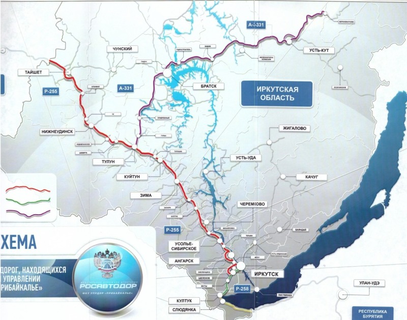 Map of the Irkutsk region of roads